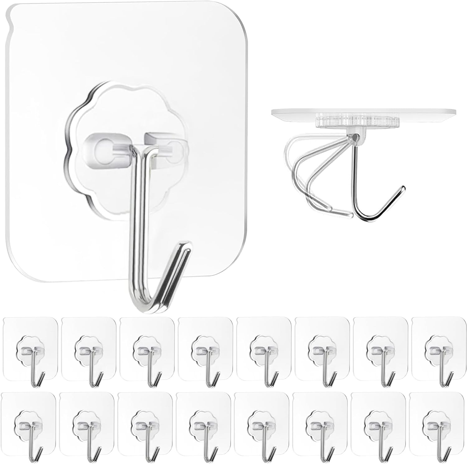 ZESLMG Adhesive Wall Hooks for Hanging. 16 Pack Self Sticky Hooks Heavy Duty 22lb Clear. Removable Shower Hook No Damage for Towel Key Coat Wreath Picture Outdoor Ceiling Bathroom Kitchen. Waterproof