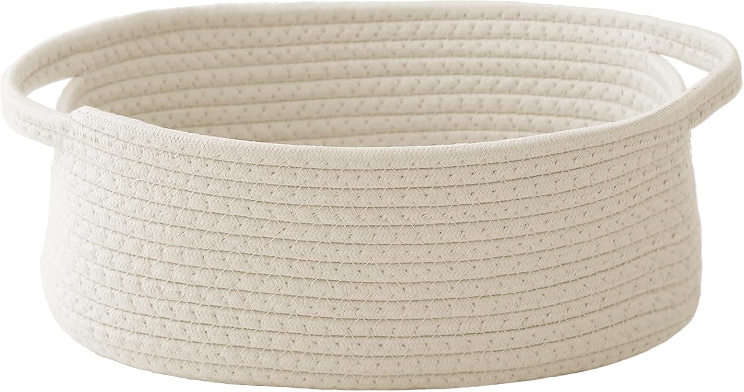 JMvicyroam Woven Basket.Small Rope Storage Bin with Handles & Ribbon Bag. Organizer for Shelves Closets.Gift Basket Empty for Birthday.Books.Dog Toys.White