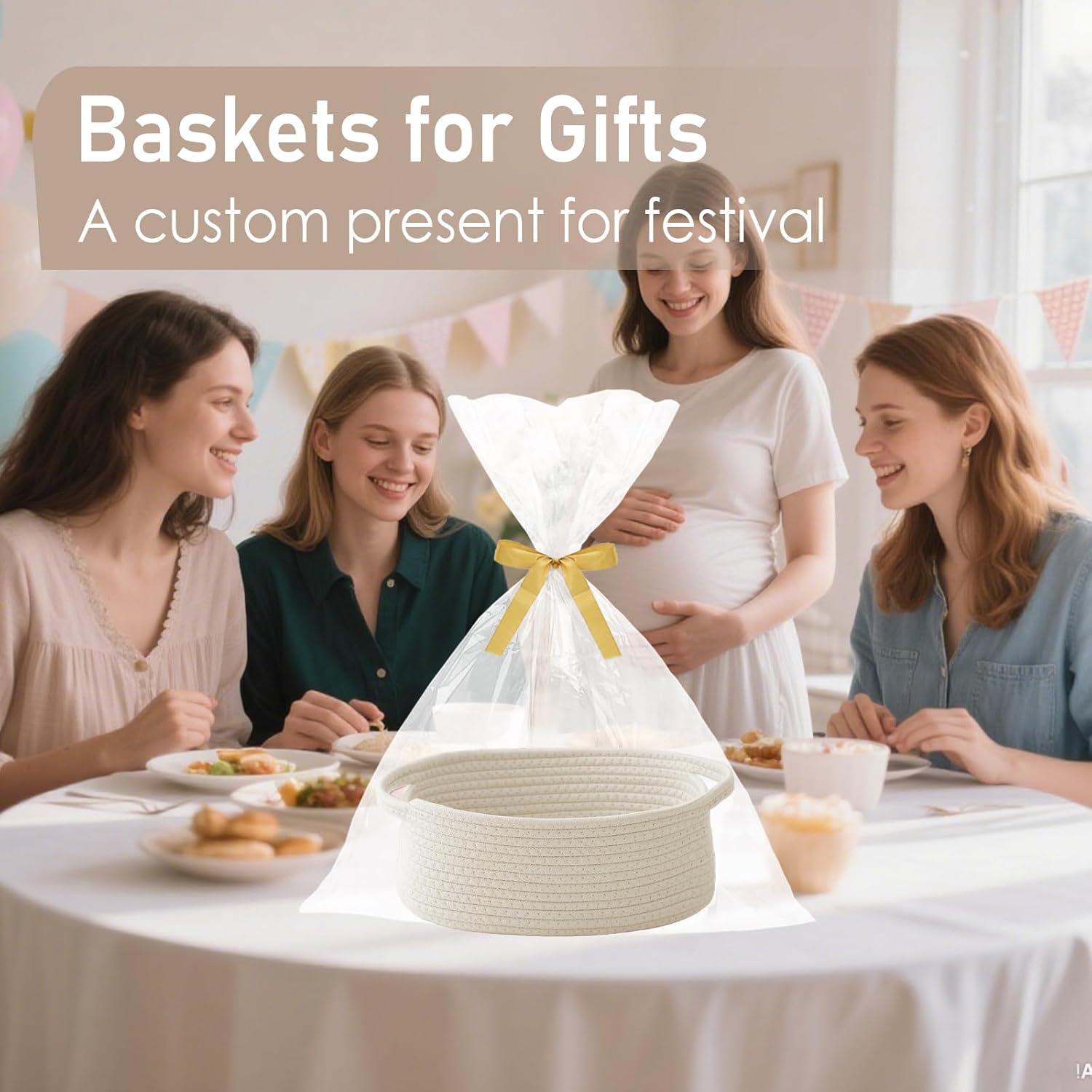 JMvicyroam Woven Basket.Small Rope Storage Bin with Handles & Ribbon Bag. Organizer for Shelves Closets.Gift Basket Empty for Birthday.Books.Dog Toys.White - Image 4