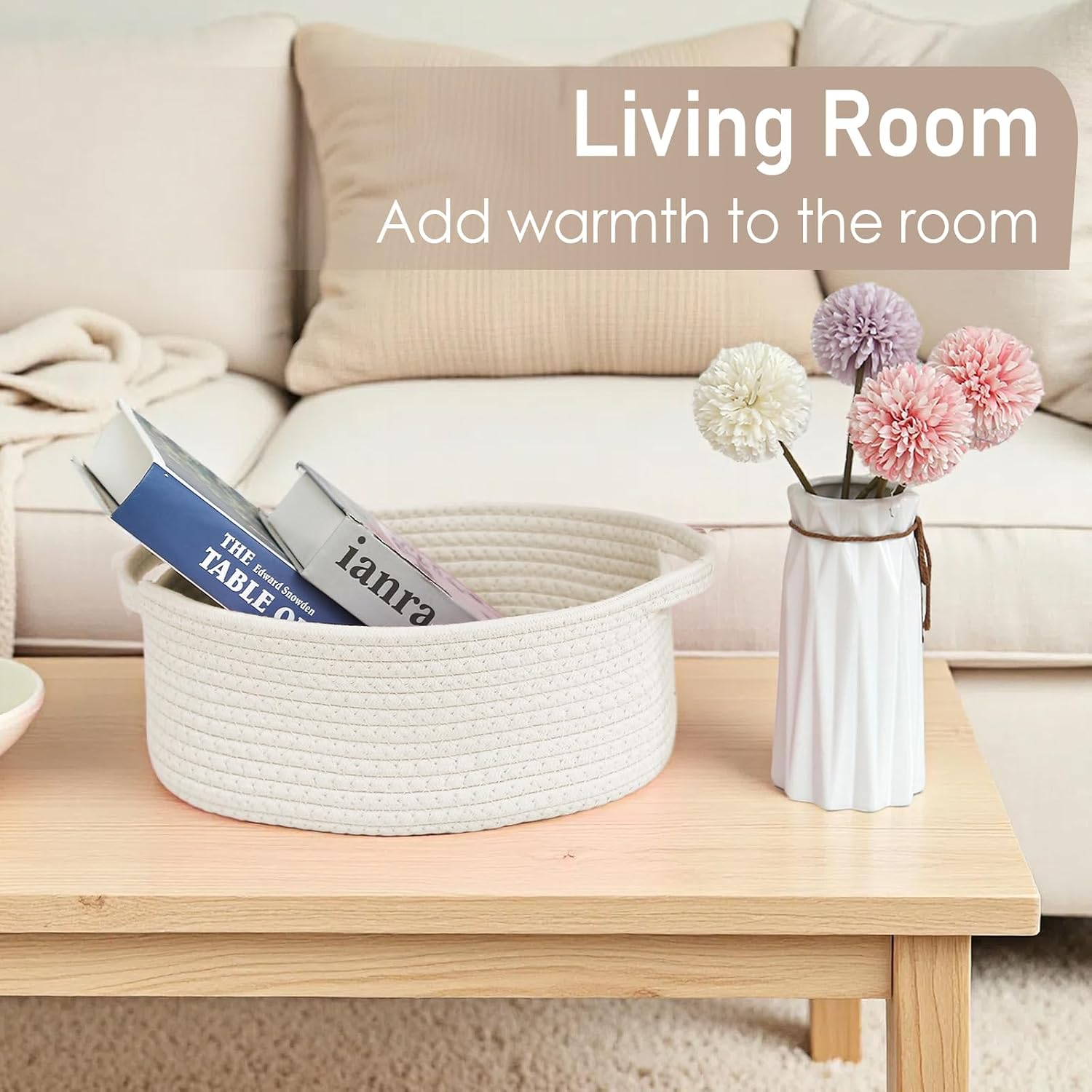 JMvicyroam Woven Basket.Small Rope Storage Bin with Handles & Ribbon Bag. Organizer for Shelves Closets.Gift Basket Empty for Birthday.Books.Dog Toys.White - Image 7
