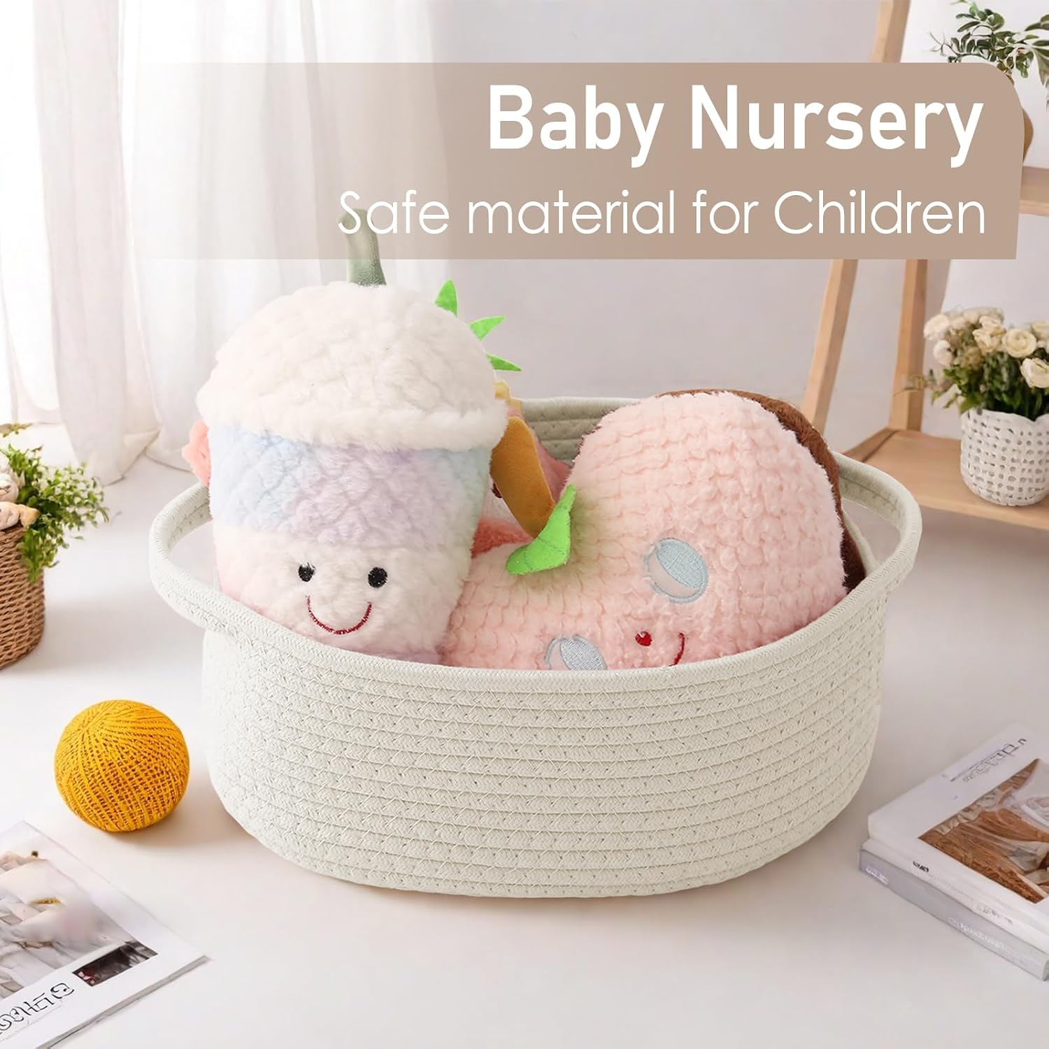 JMvicyroam Woven Basket.Small Rope Storage Bin with Handles & Ribbon Bag. Organizer for Shelves Closets.Gift Basket Empty for Birthday.Books.Dog Toys.White - Image 5