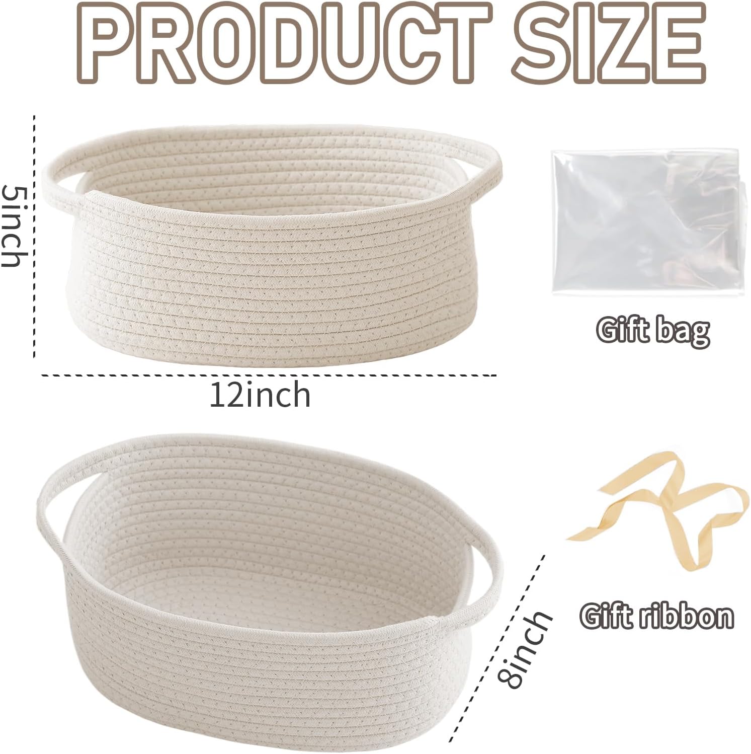 JMvicyroam Woven Basket.Small Rope Storage Bin with Handles & Ribbon Bag. Organizer for Shelves Closets.Gift Basket Empty for Birthday.Books.Dog Toys.White - Image 2