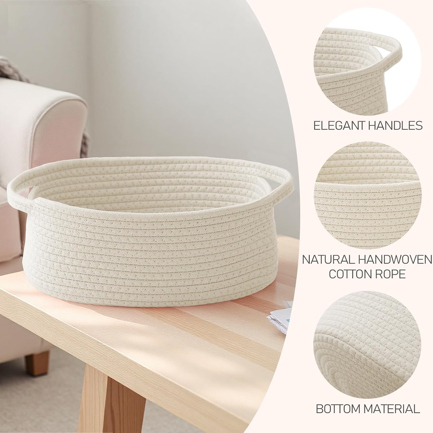 JMvicyroam Woven Basket.Small Rope Storage Bin with Handles & Ribbon Bag. Organizer for Shelves Closets.Gift Basket Empty for Birthday.Books.Dog Toys.White - Image 3